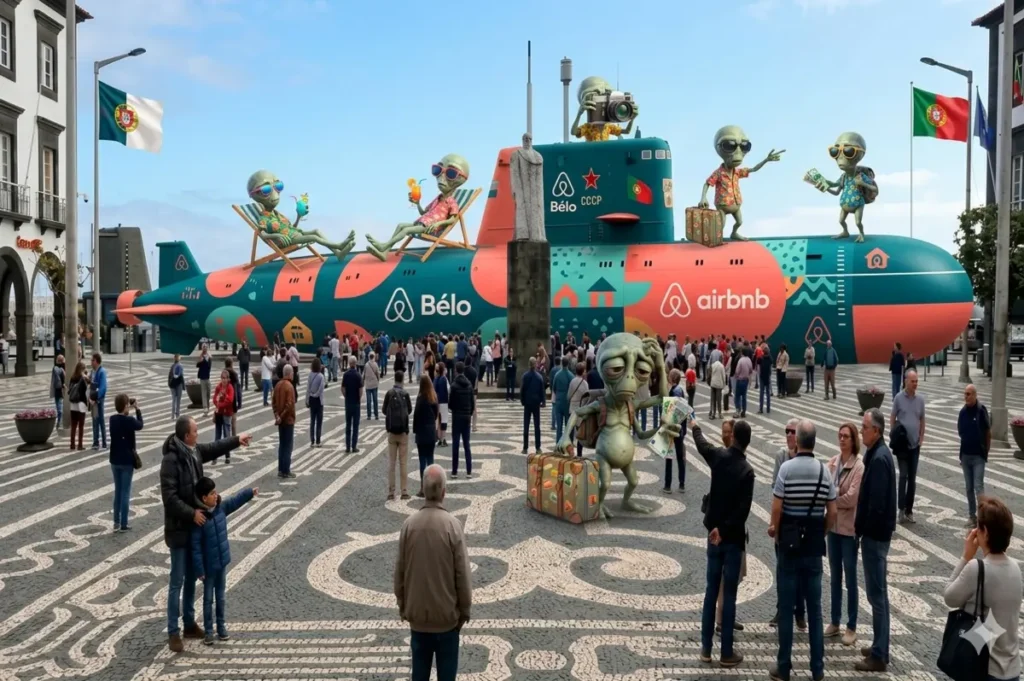 一張由人工智慧生成的圖像顯示，一艘巨大的、色彩繽紛的潛艇出現在葡萄牙的一個公共廣場上，潛艇上印有Airbnb的標誌，還有一些裝扮成遊客的外星人。