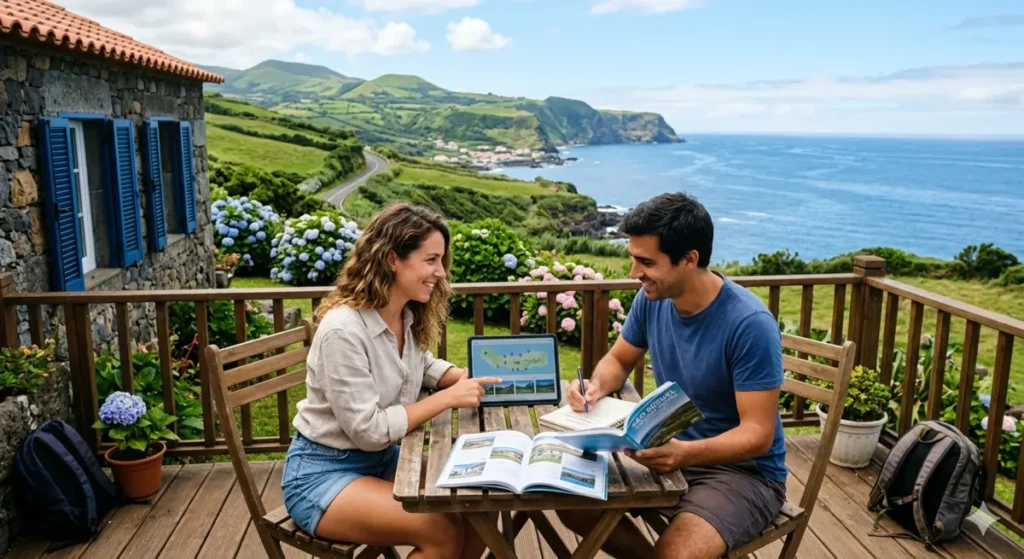 زوجان يجلسان على طاولة خشبية في شرفة بجزيرة ساو ميغيل، جزر الأزور، يخططان لعطلتهما. يستخدمان جهازًا لوحيًا يعرض خريطة للجزيرة، ودليلًا سياحيًا، ودفتر ملاحظات. تظهر في الخلفية صورة لمنزل حجري تقليدي ذي مصاريع زرقاء، وأزهار الكوبية المتفتحة، وإطلالة بانورامية على منحدرات خضراء والمحيط الأطلسي.