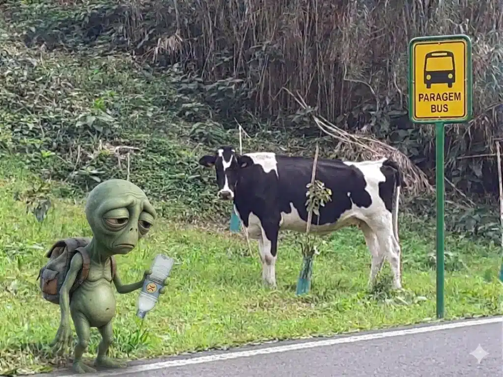 A creative image of an alien with a backpack waiting at a bus stop in a green pasture in São Miguel, Azores, showing how difficult it is to use public transport. PT: Um pequeno alienígena de mochila e garrafa de água, com aspeto exausto, à espera numa paragem de autocarro isolada em São Miguel, Açores, com uma vaca ao fundo.