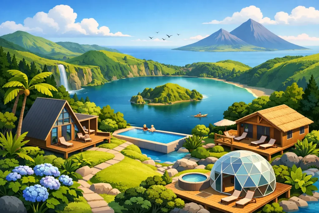 دليل الإقامة في ملاذات الطبيعة في جزر الأزور. رسم توضيحي رقمي تصوري لأجواء جزر الأزور، تم إنشاؤه بواسطة الذكاء الاصطناعي.