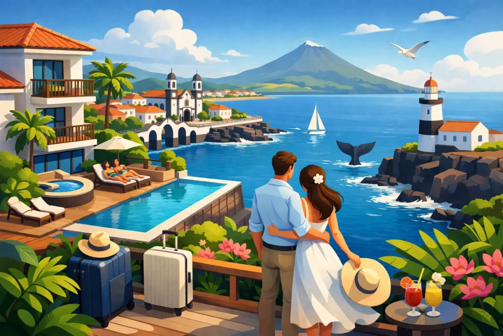 蓬塔德爾加達蜜月旅遊指南。由人工智慧生成的亞速爾群島氛圍概念數位藝術插圖。