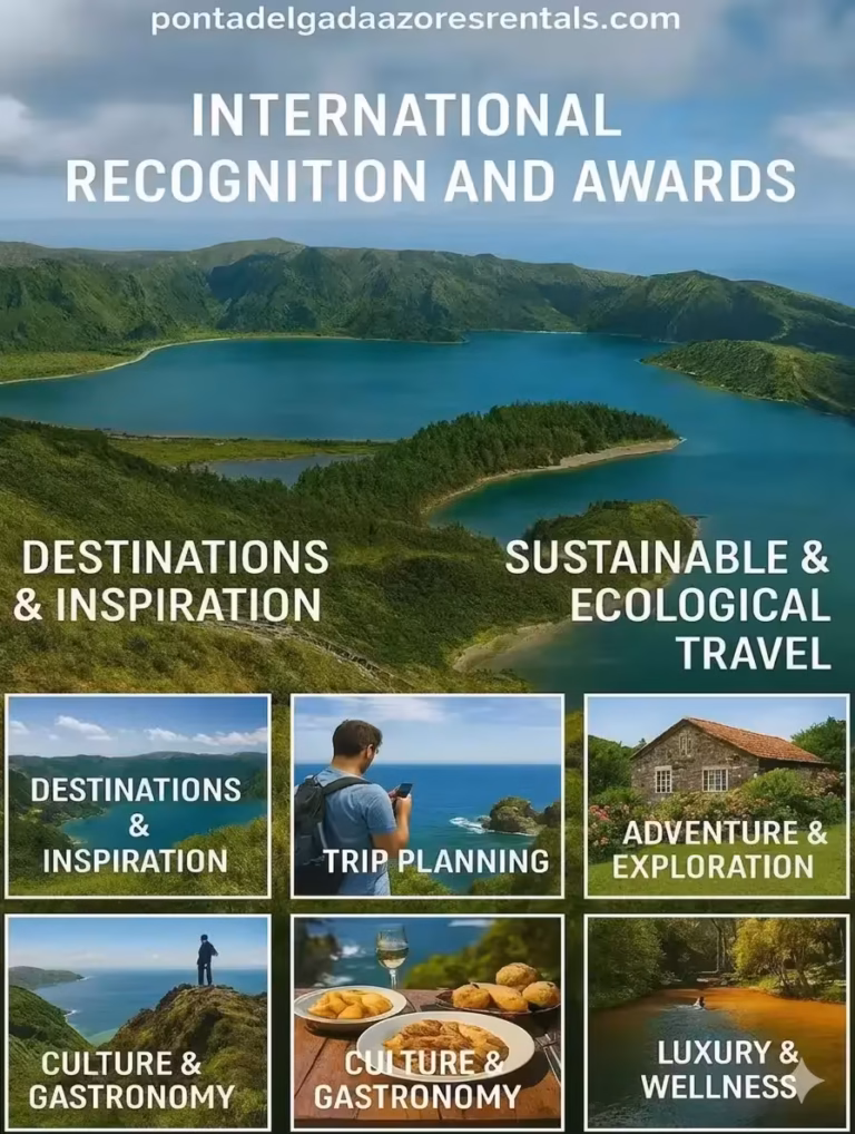 Werbeplakat für den Tourismus auf den Azoren mit Lagoa do Fogo und Aktivitätssymbolen. PT Cartaz Werbeaktion für den Tourismus auf den Azoren mit Blick auf die Lagoa do Fogo und Symbolen für Aktivitäten.