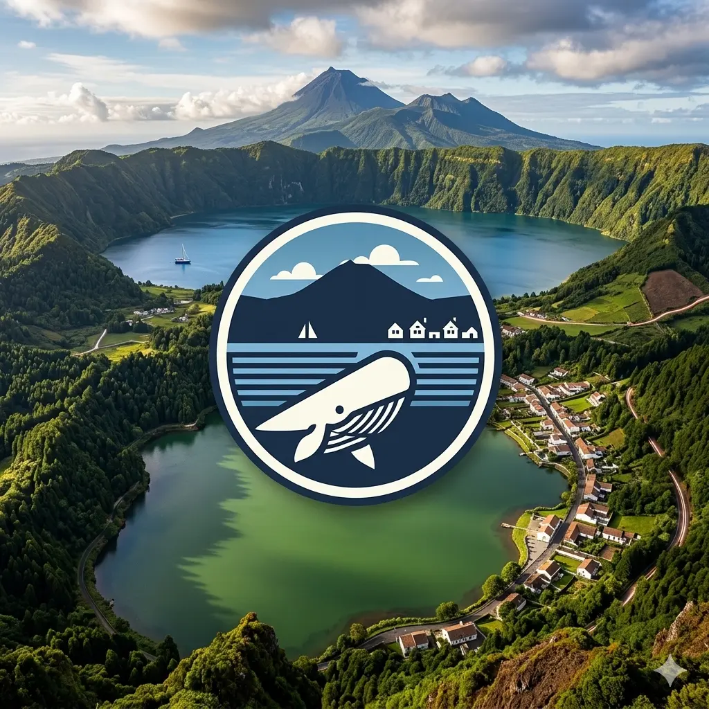 這是亞速爾群島皮庫省聖米格爾島塞特西達德斯湖的鳥瞰圖，湖面上有一個鯨魚標誌，代表當地的旅遊和租賃業務。.